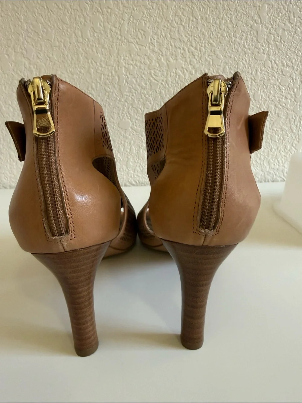 Audrey Brooke | Corrine Laser Cut Leather Heels | Peep Toe Bootie | 9.5